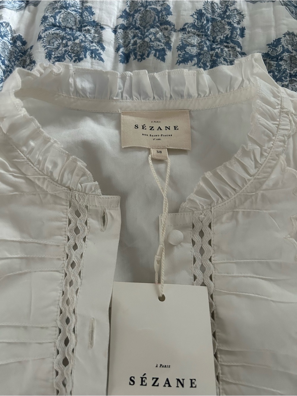 NWT sezane chemise wave Women's White Ruffled Lace-Trim Blouse - Picture 5 of 10